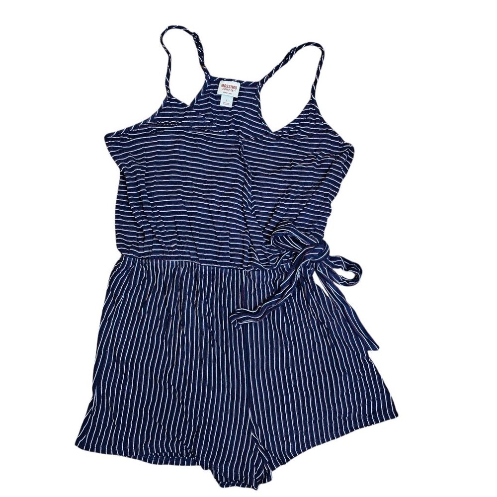 Mossimo Womens Blue Romper‎ Sleeveless Large Blue Racerback Stripes Faux Wrap